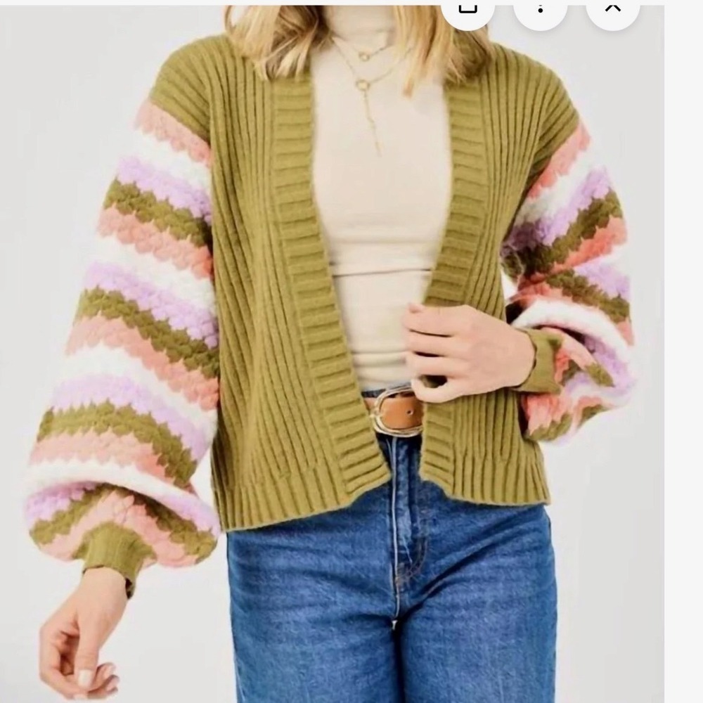 Mary Square Pippa Open Front Ribbed Cardigan Green Multi Bubble Sleeve NWOT L XL